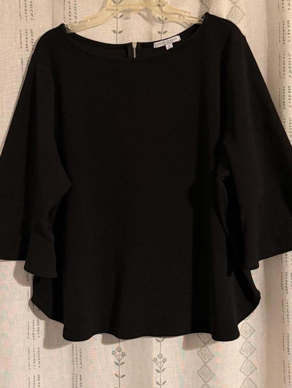 Green Envelope, Made in USA Black Boat-neck Whimsigoth Bell Sleeve Modest Top-3x